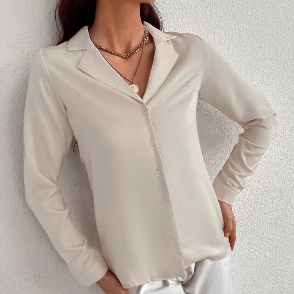 Beige Preppy Womens Solid Button Front Blouse - Picture 5 of 5